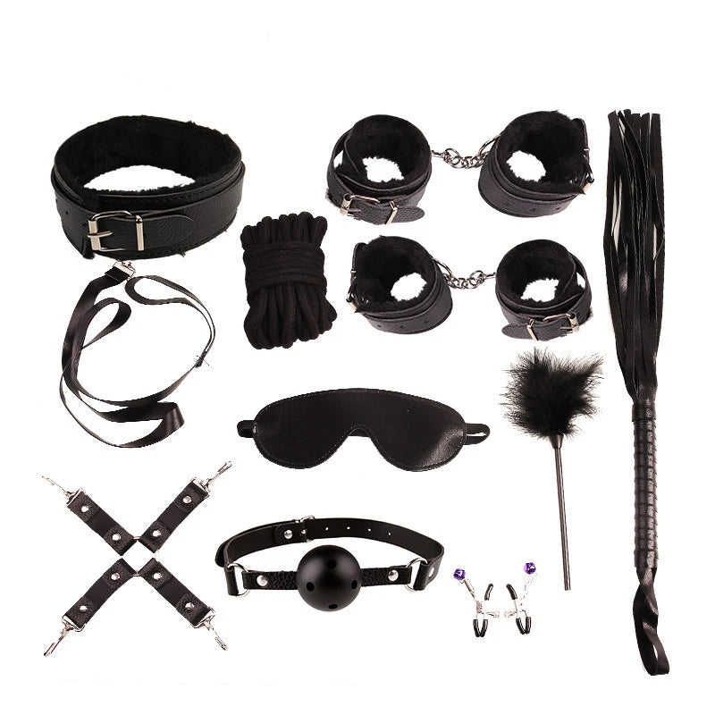 Kit 10 pièces - Cuir, Menottes, Collier et Accessoires Érotiques pour Expériences Intenses