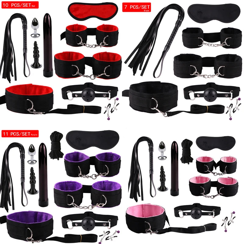 Kit BDSM en Cuir - Set Bondage 7 à 11 Pièces avec Collier, Menottes et Accessoires Érotiques