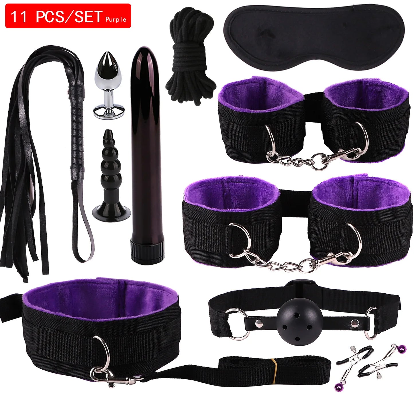 Kit BDSM en Cuir - Set Bondage 7 à 11 Pièces avec Collier, Menottes et Accessoires Érotiques